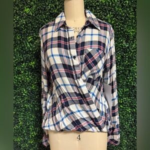 STATEMENT Plaid Button-Front Wrap-Style Shirt in Navy, White & Burgundy